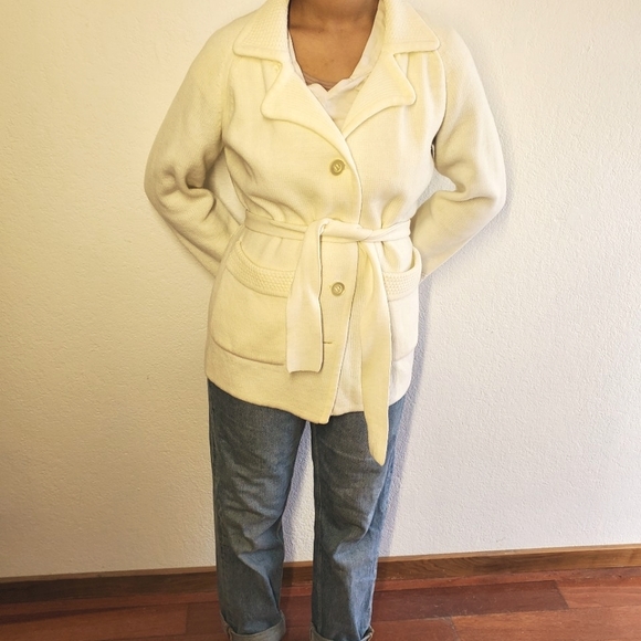 Vintage 70s Rochelle Ivory Belted Cardigan Grandpa Neutral - Picture 8 of 8